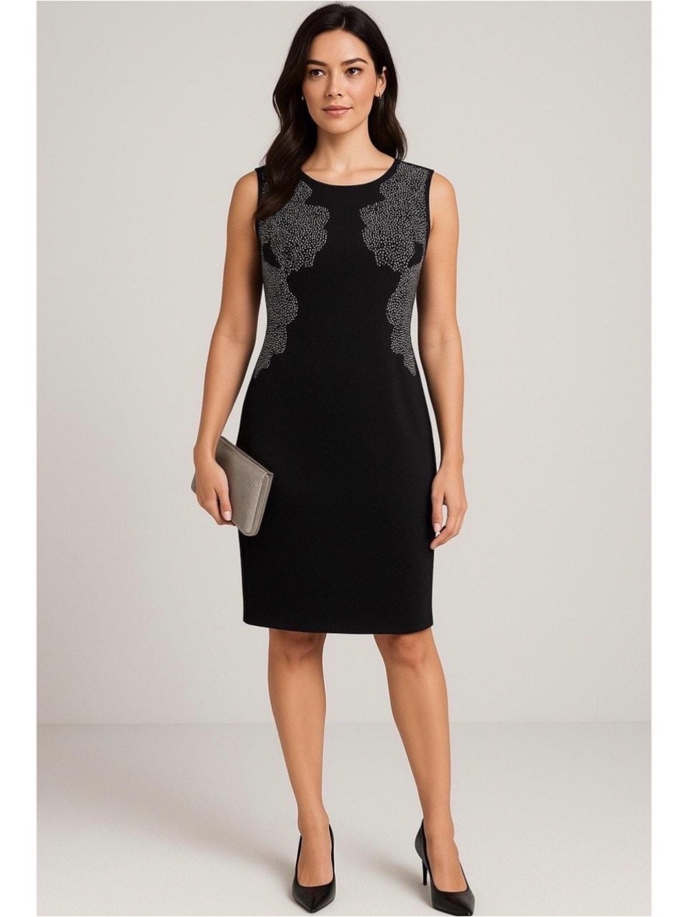 Calvin Klein Black Sleeveless Sheath Dress with Silver Studs Embellishment 10